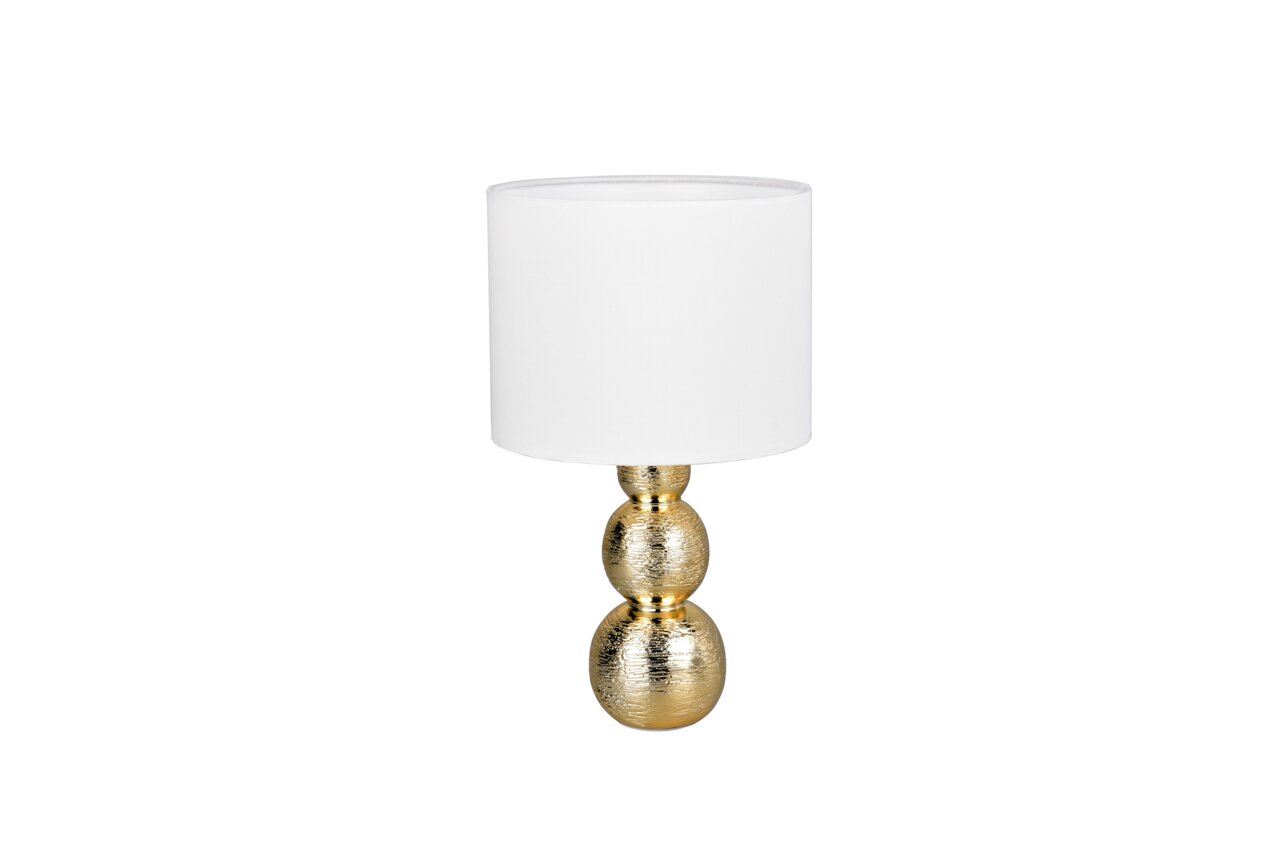Elegante Tischleuchte mit weißem Lampenschirm und goldenem, strukturiertem Sockel, frontal abgebildet.