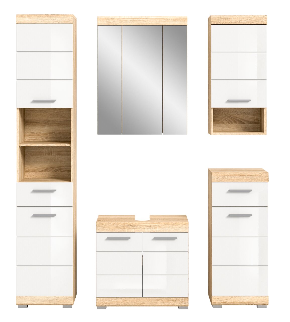Badkombination bestehend aus einem hohen Schrank, einem Spiegelschrank, einem kleinen Schrank, einem Waschbeckenunterschrank und einem weiteren Schrank, alle in Holzoptik mit weißen Fronten, frontal abgebildet.