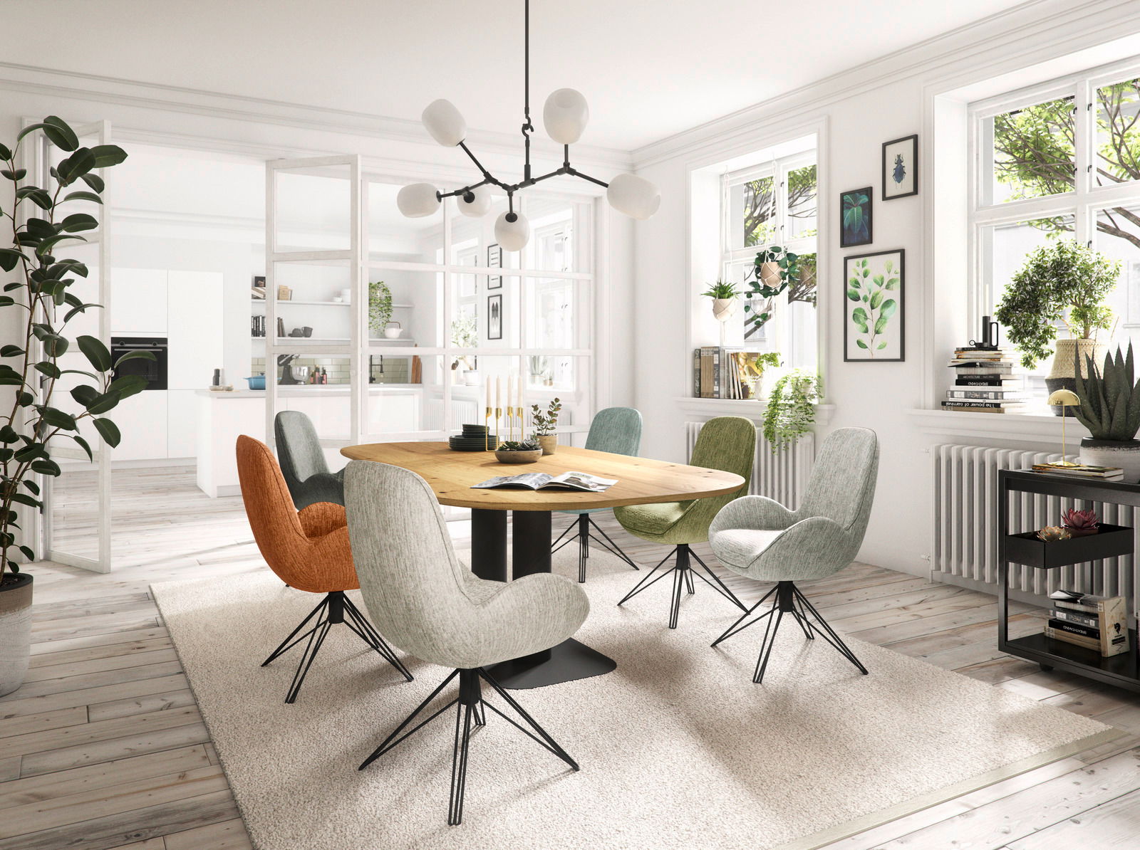 Musterring Esstisch 220x120 MR HELVIN Moderner Essbereich mit rundem Holztisch und bunten Armlehnstühlen in einem hellen Raum mit großen Fenstern, Blick von der Seite.