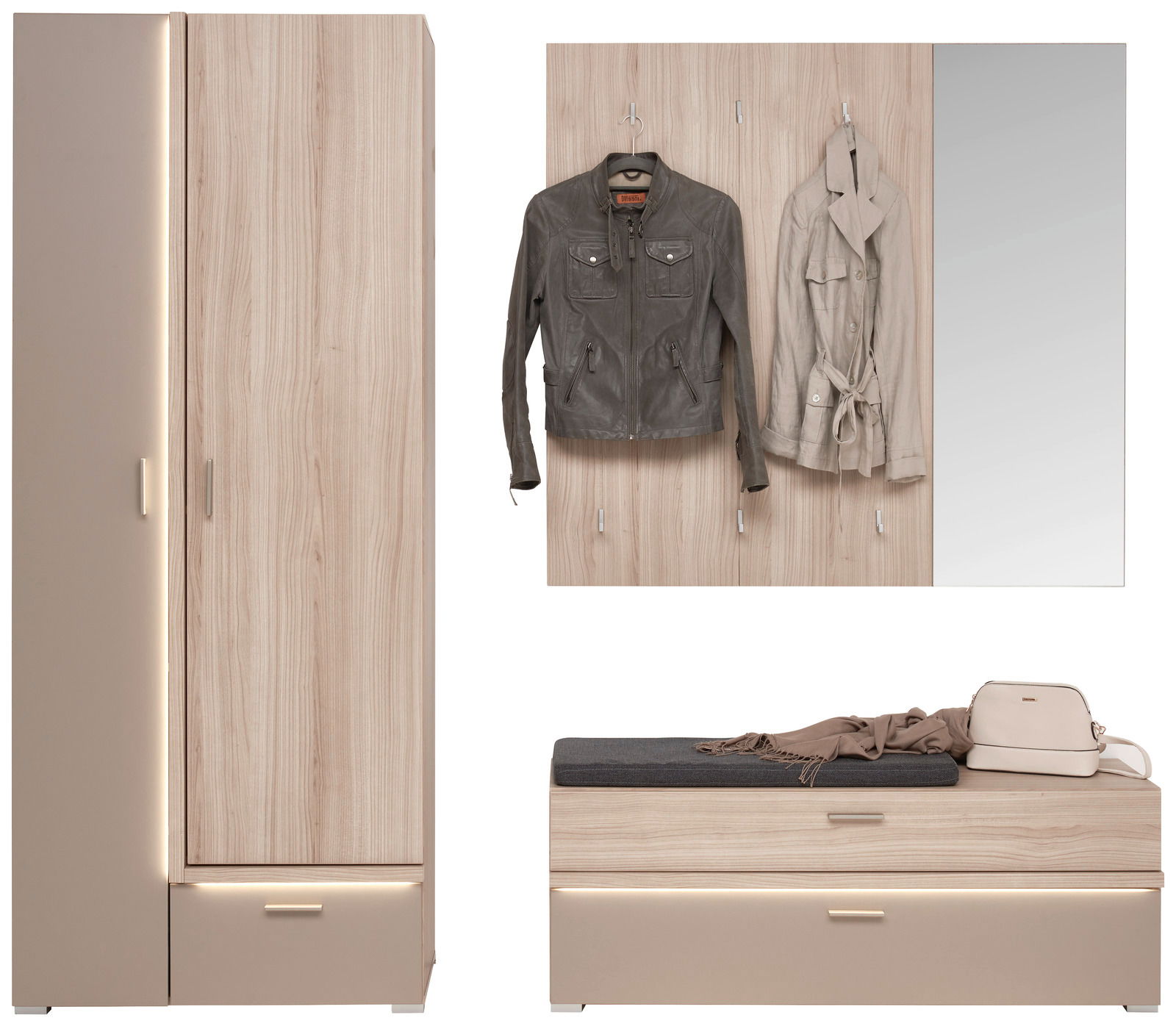 Garderobenkombination mit Schrank, Wandpaneel mit Haken und Spiegel, sowie Sitzbank mit Stauraum, frontal betrachtet