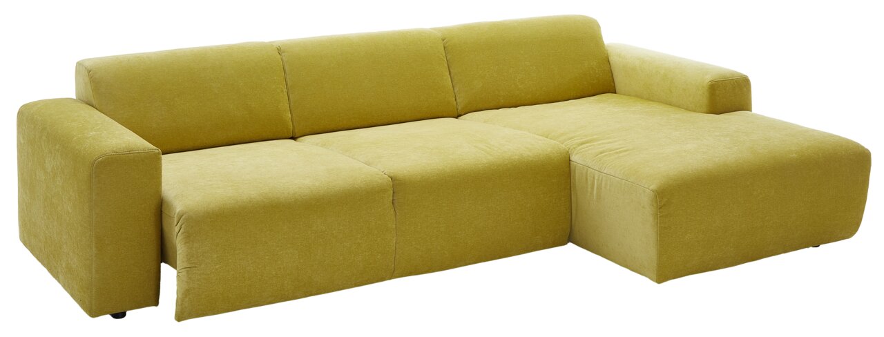 Gele stoffen longchair-bank, gezien van rechts vooraan