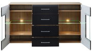 Frontale Ansicht eines modernen Sideboards mit offenen Türen und Schubladen, Holzoptik und schwarzer Front, beleuchtet mit LED-Lichtern.