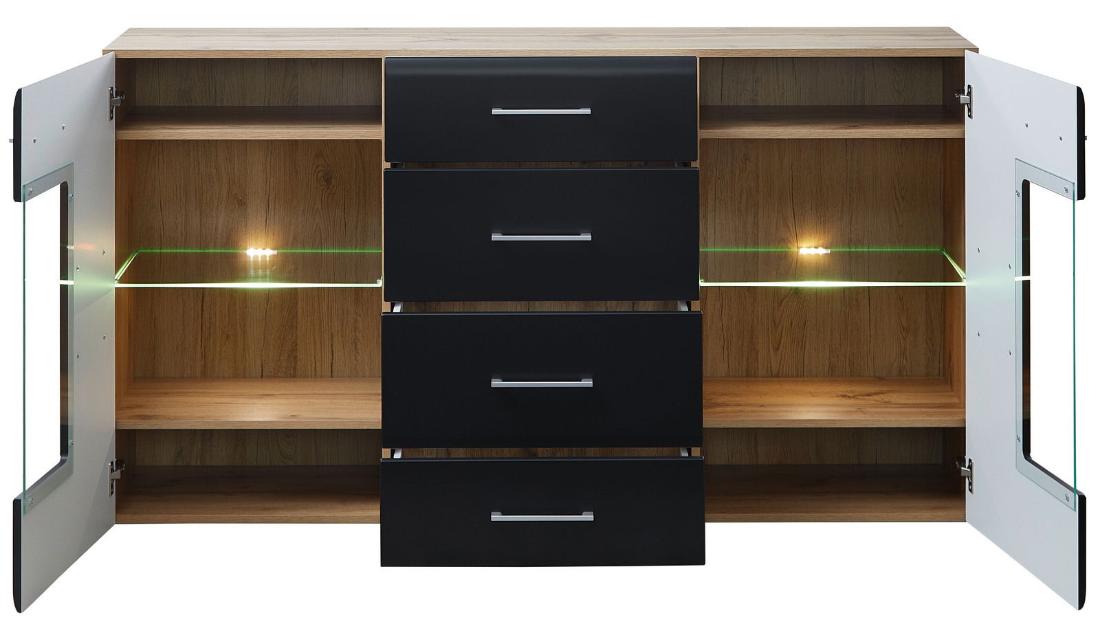 Frontale Ansicht eines modernen Sideboards mit offenen Türen und Schubladen, Holzoptik und schwarzer Front, beleuchtet mit LED-Lichtern.