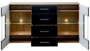 Frontale Ansicht eines modernen Sideboards mit offenen Türen und Schubladen, Holzoptik und schwarzer Front, beleuchtet mit LED-Lichtern.