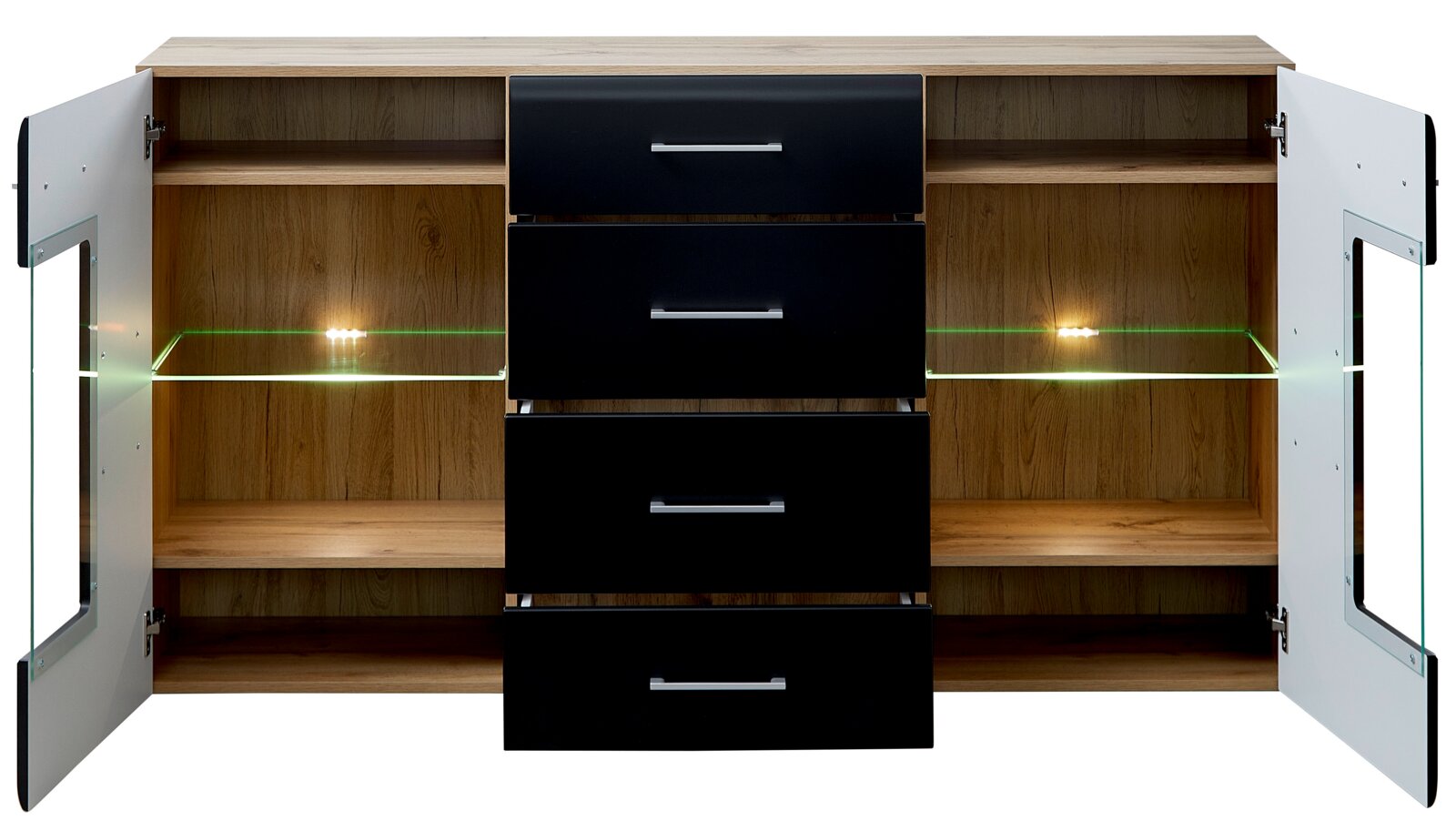 Frontale Ansicht eines modernen Sideboards mit offenen Türen und Schubladen, Holzoptik und schwarzer Front, beleuchtet mit LED-Lichtern.