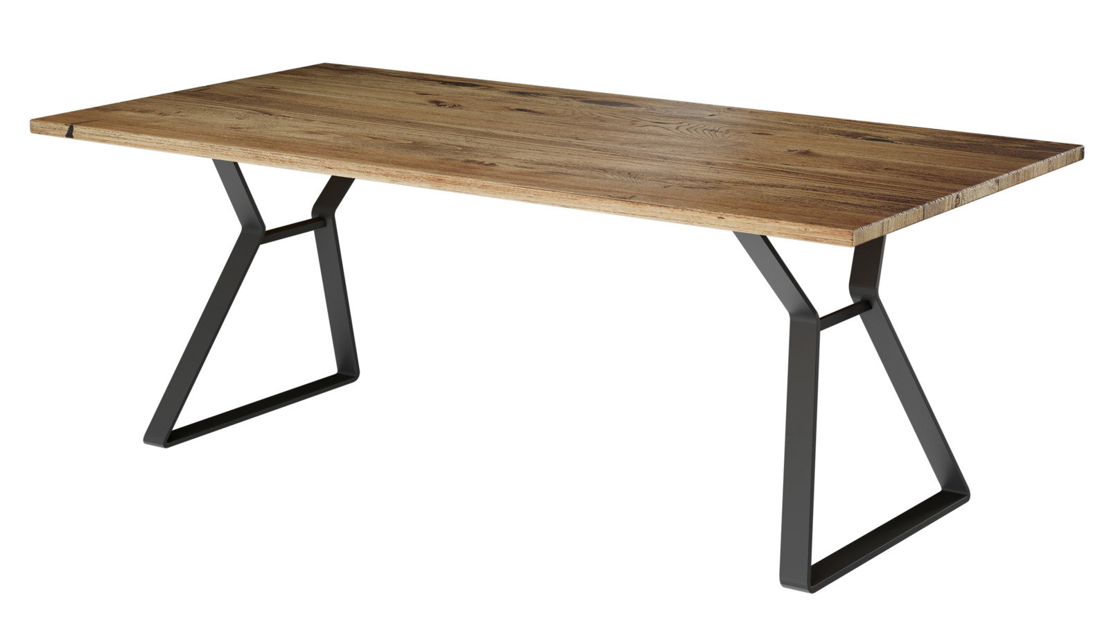 Moderner Esstisch aus Holz mit schwarzem Metallgestell, seitliche Perspektive