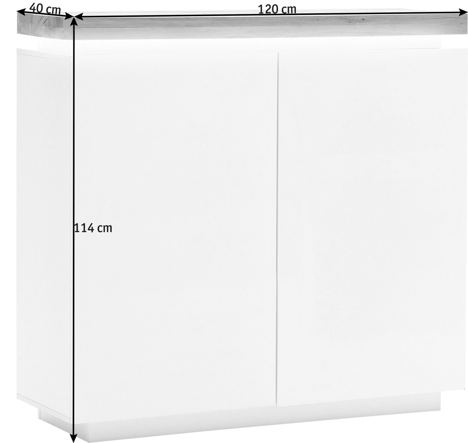 Weißes Highboard mit zwei Türen, 120 cm breit, 114 cm hoch, 40 cm tief, seitliche Perspektive