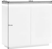 Weißes Highboard mit zwei Türen, 120 cm breit, 114 cm hoch, 40 cm tief, seitliche Perspektive
