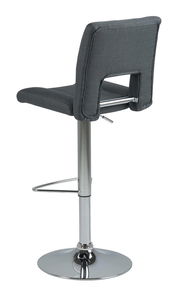 Rückansicht eines modernen Barhockers mit grauem Stoffbezug und verchromtem Gestell.