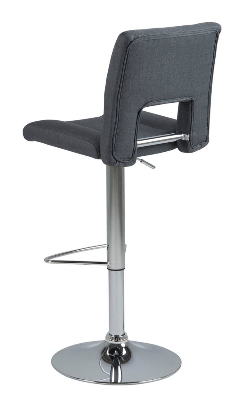 Rückansicht eines modernen Barhockers mit grauem Stoffbezug und verchromtem Gestell.