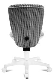 Rückansicht eines Kinder- und Jugenddrehstuhls mit grauem Netzrücken und weißem Fußkreuz auf Rollen.