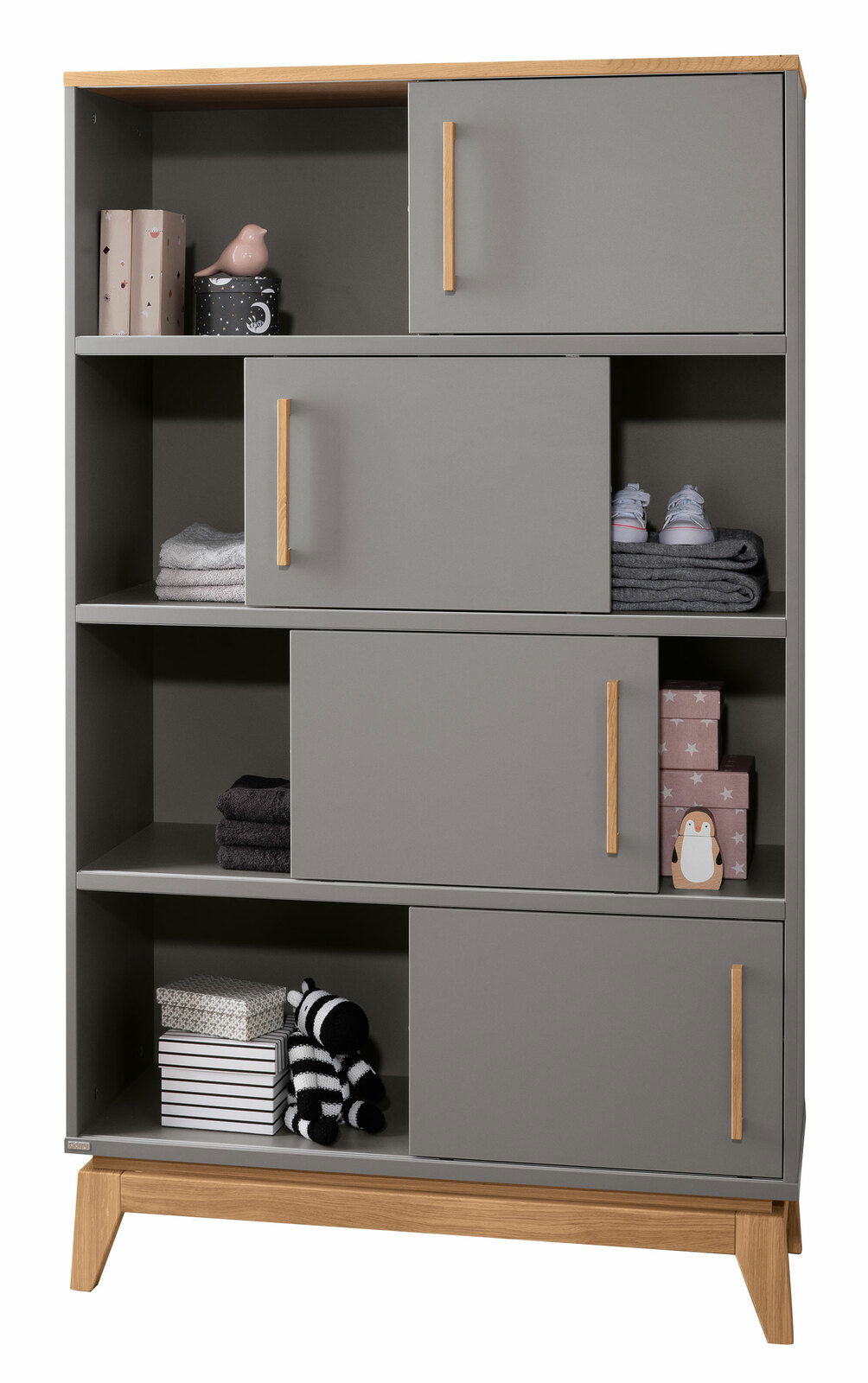 Graues Regal mit mehreren Fächern und Holzakzenten, frontal fotografiert.