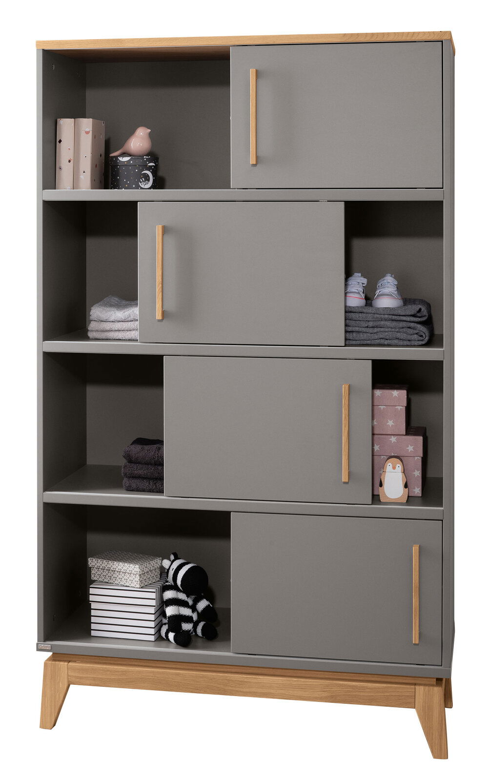 Paidi Regal STEN Graues Regal mit mehreren Fächern und Holzakzenten, frontal fotografiert.