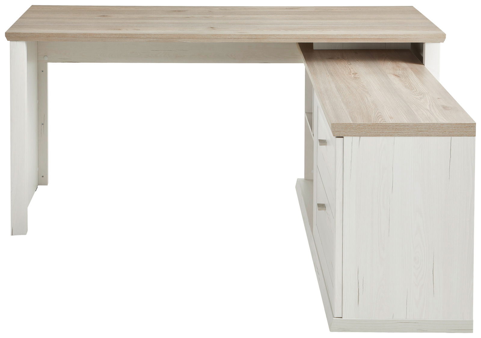 Eckschreibtisch in Holzoptik, Vorderansicht mit Schubladen auf der rechten Seite