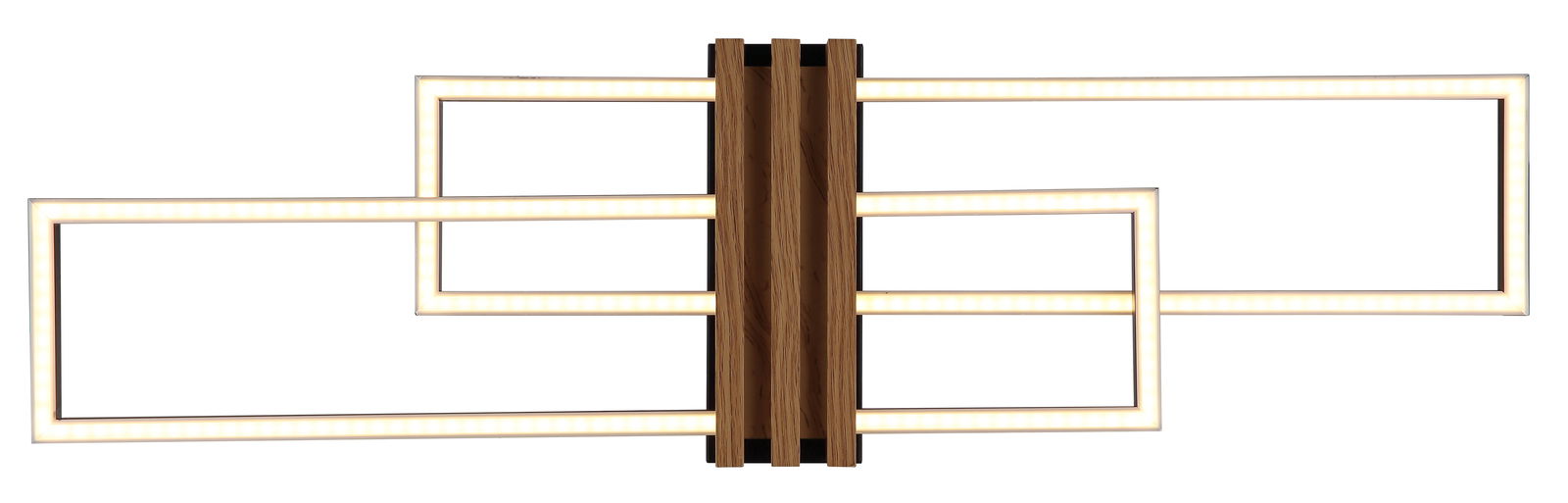 Moderne Deckenleuchte mit rechteckigen LED-Rahmen in Holzoptik, seitliche Perspektive