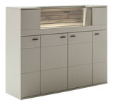 Modernes Highboard in Beige mit Holzdetails und Beleuchtung, seitliche Perspektive
