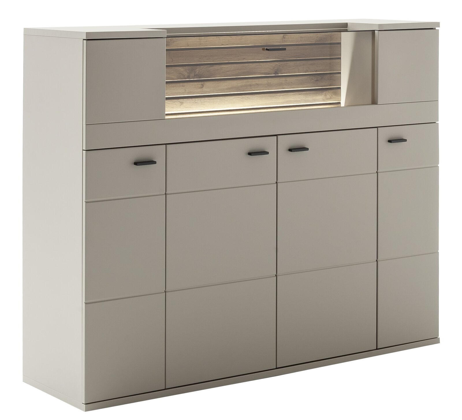 Zurbrüggen Highboard LÜTTICH Modernes Highboard in Beige mit Holzdetails und Beleuchtung, seitliche Perspektive