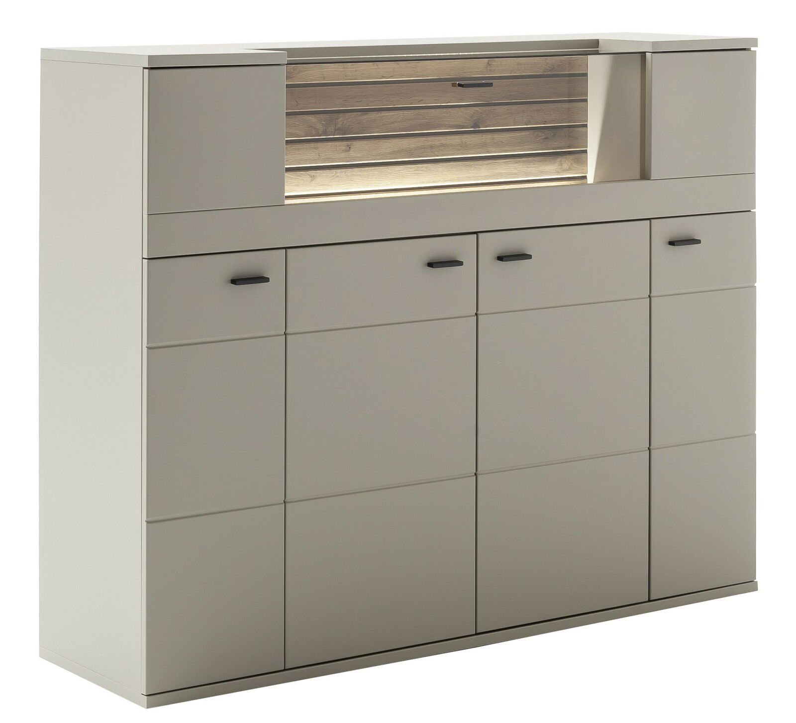 Modernes Highboard in Beige mit Holzdetails und Beleuchtung, seitliche Perspektive