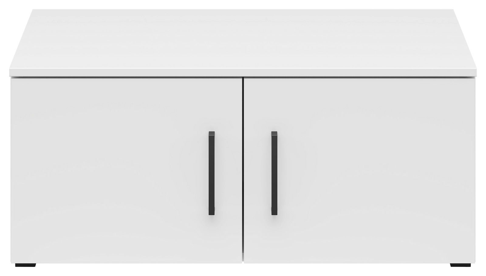 Weißer Aufsatzschrank mit zwei Türen und schwarzen Griffen, Frontalansicht