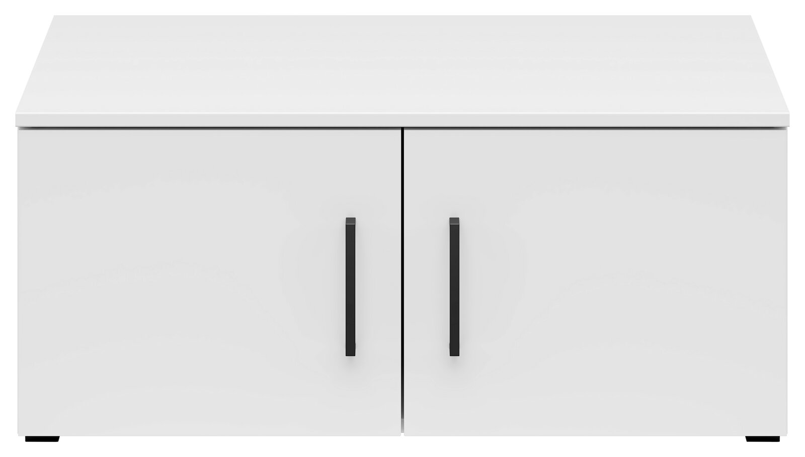 Weißer Aufsatzschrank mit zwei Türen und schwarzen Griffen, Frontalansicht