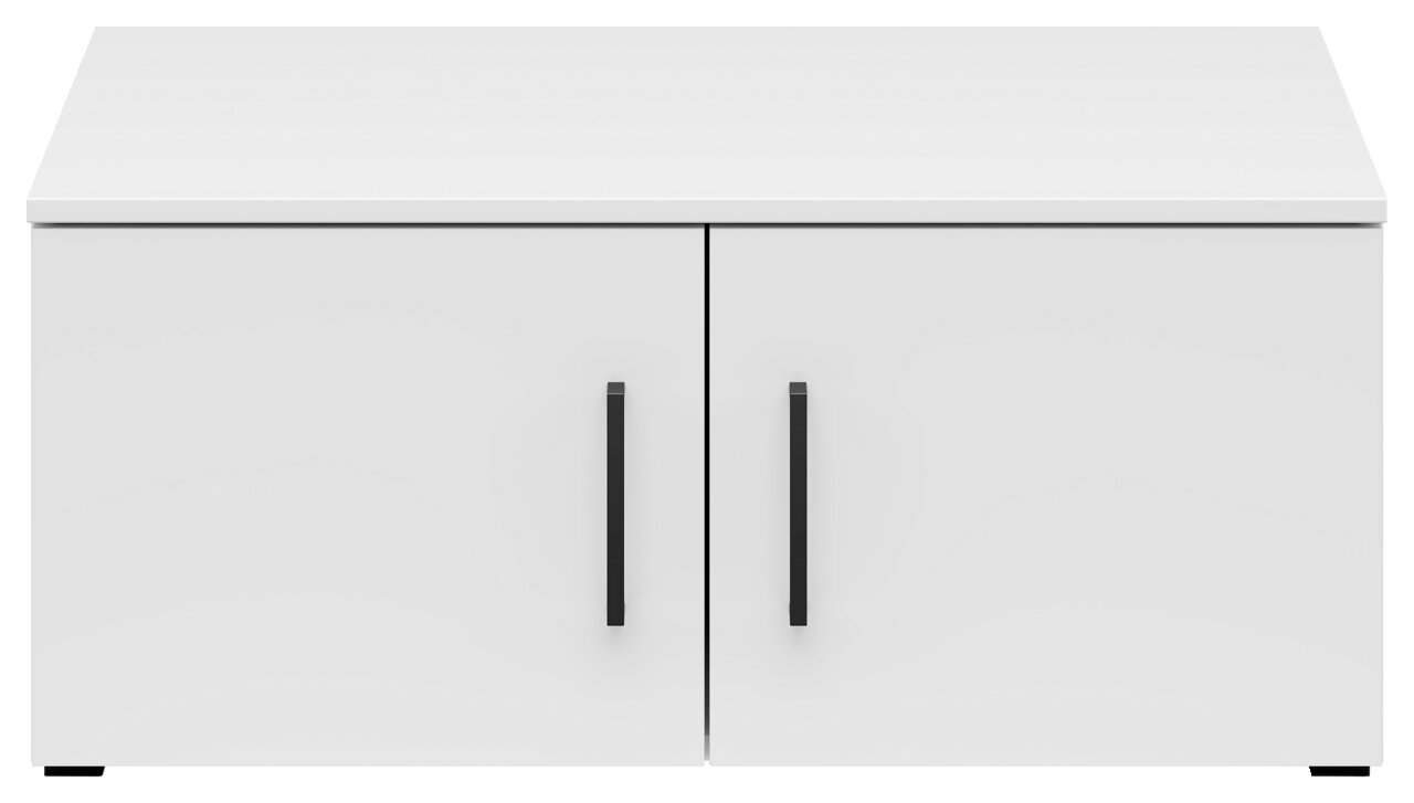 Weißer Aufsatzschrank mit zwei Türen und schwarzen Griffen, Frontalansicht