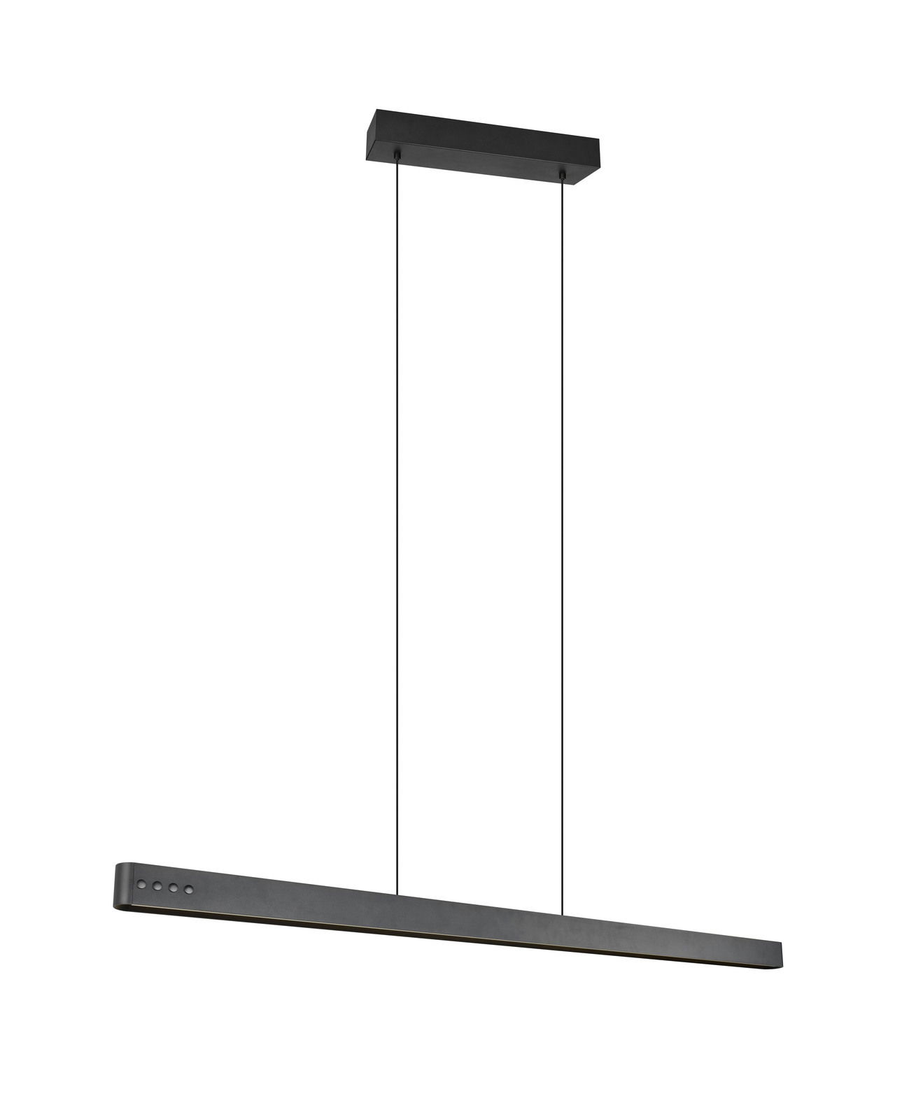 Moderne schwarze Pendelleuchte mit rechteckigem Design, seitliche Perspektive