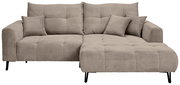 Beige Ecksofa mit Ottomane rechts, Vorderansicht, gestepptes Design und Kissen.