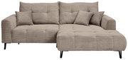 Beige Ecksofa mit Ottomane rechts, Vorderansicht, gestepptes Design und Kissen.
