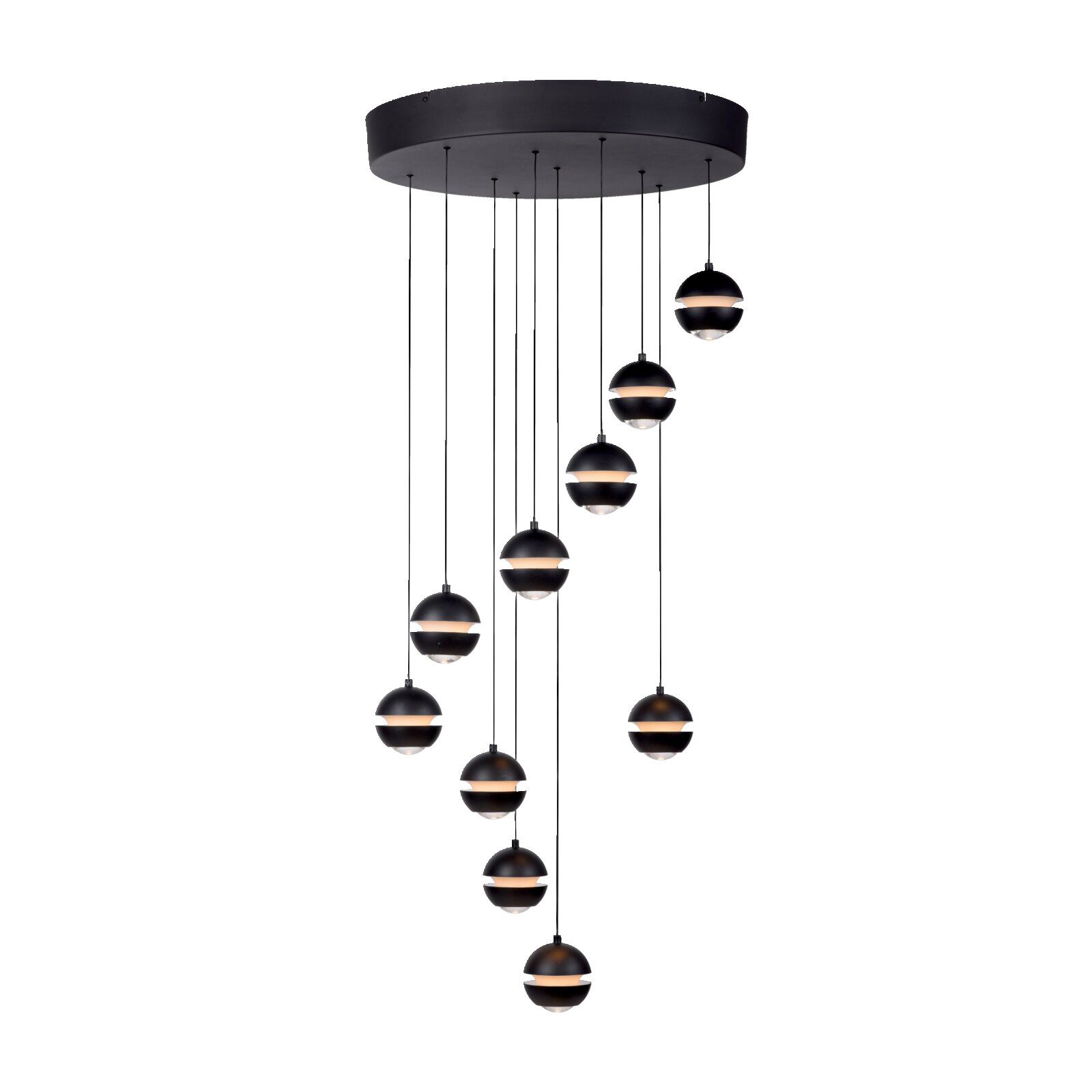 Schöner Wohnen LED-hanglamp LINI Zwarte hanglamp met meerdere lampen, voorzien van een ronde plafondplaat en bolvormige lampenkappen op verschillende hoogtes, warm licht, vooraanzicht licht van onderaf tegen een grijze achtergrond