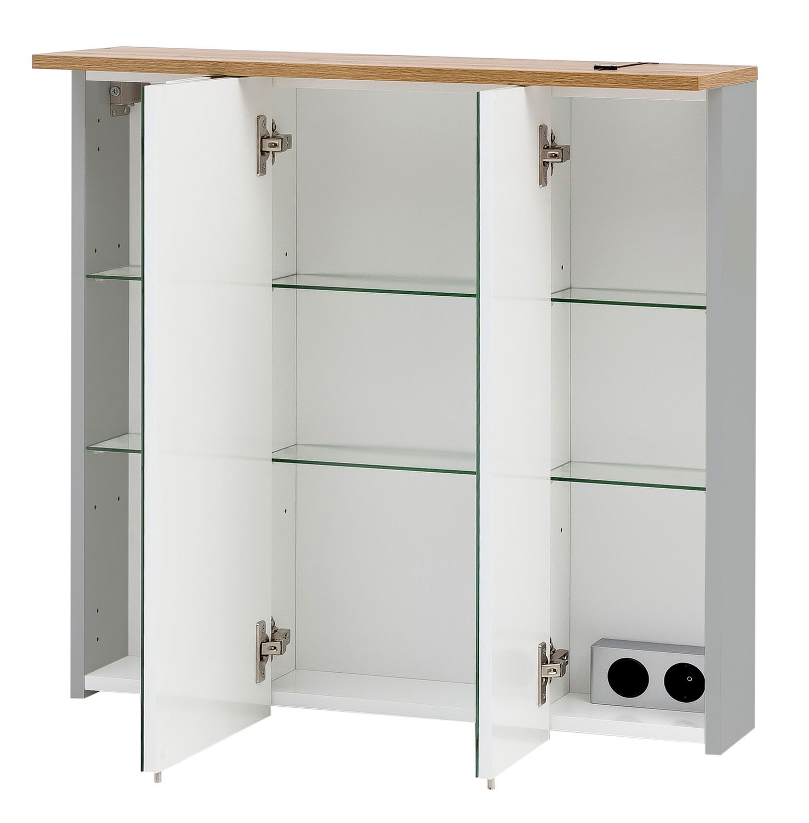 Stylife Spiegelschrank JELDA Spiegelschrank mit drei offenen Türen, Glasregalen und Holzoberfläche, Frontalansicht