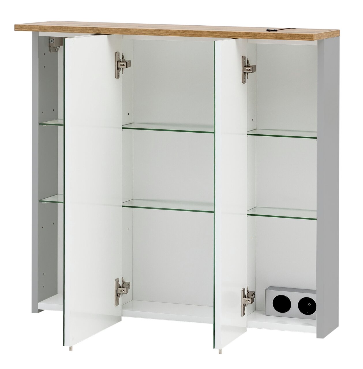 Stylife Spiegelschrank JELDA Spiegelschrank mit drei offenen Türen, Glasregalen und Holzoberfläche, Frontalansicht