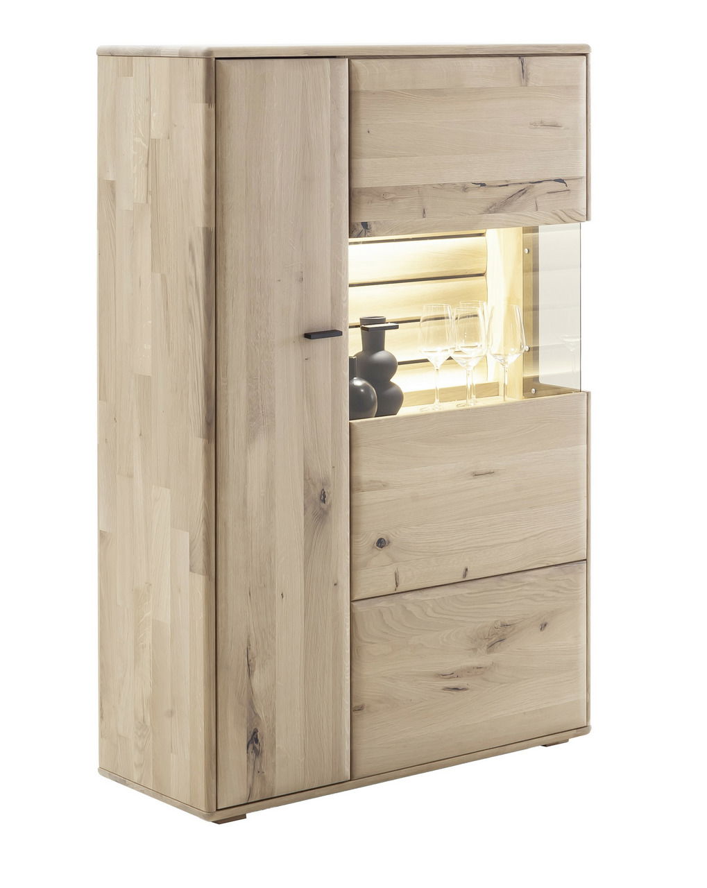Helles Holz-Highboard mit Glaseinsatz und Beleuchtung, seitliche Perspektive
