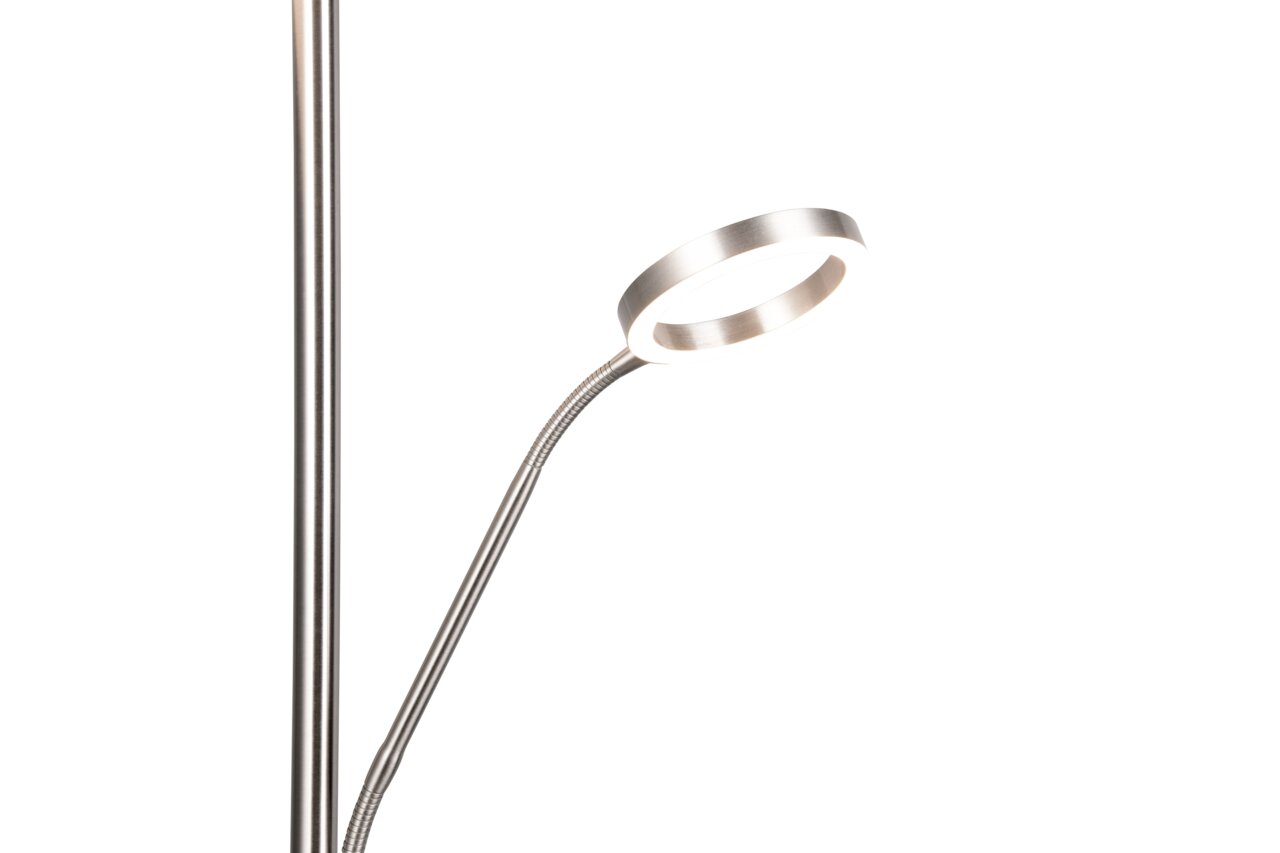 Nahaufnahme einer modernen Stehleuchte mit flexiblem Arm und ringförmigem Leuchtkopf in gebürstetem Metall.