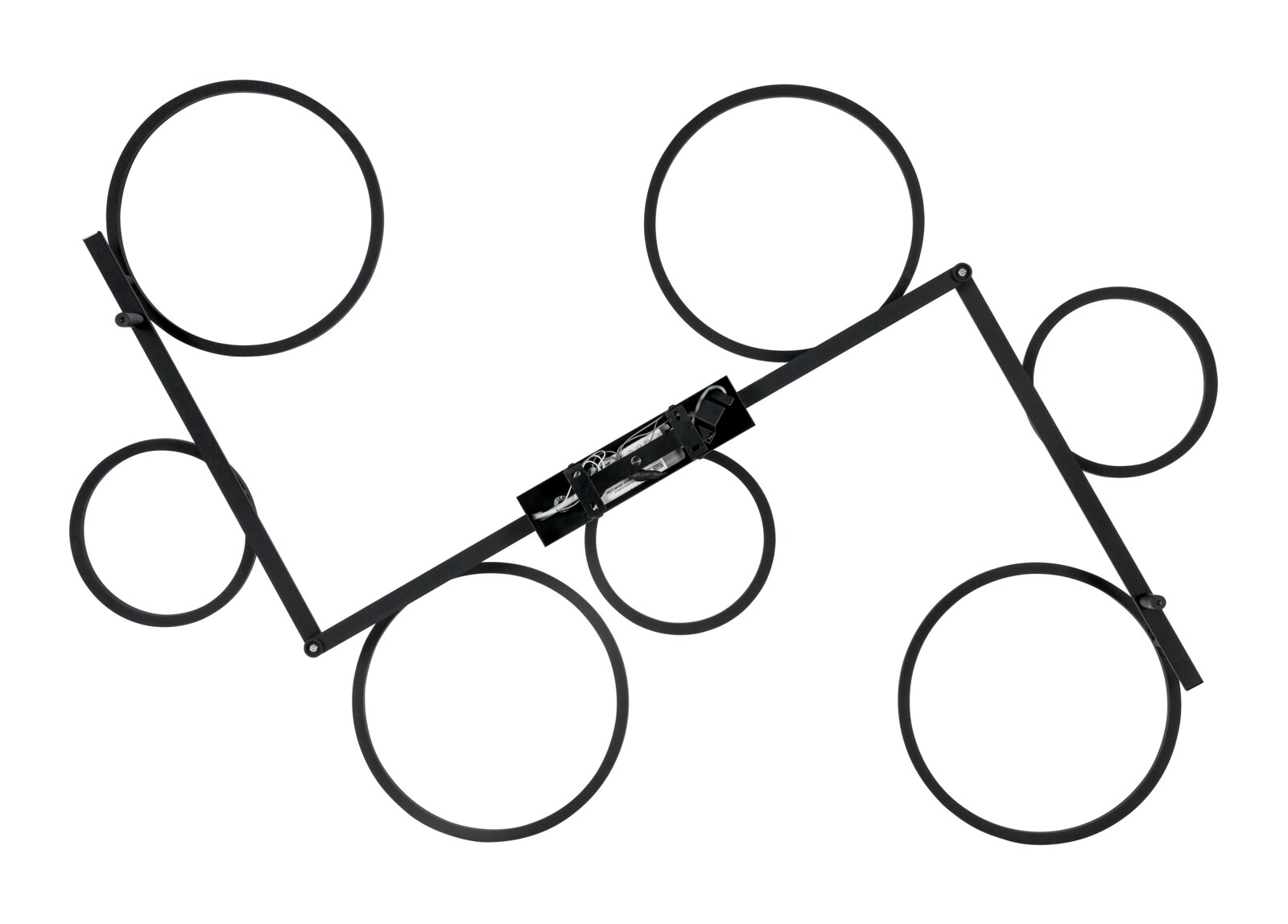 Moderne led-plafondlamp met meerdere ronde elementen, gezien van bovenaf.