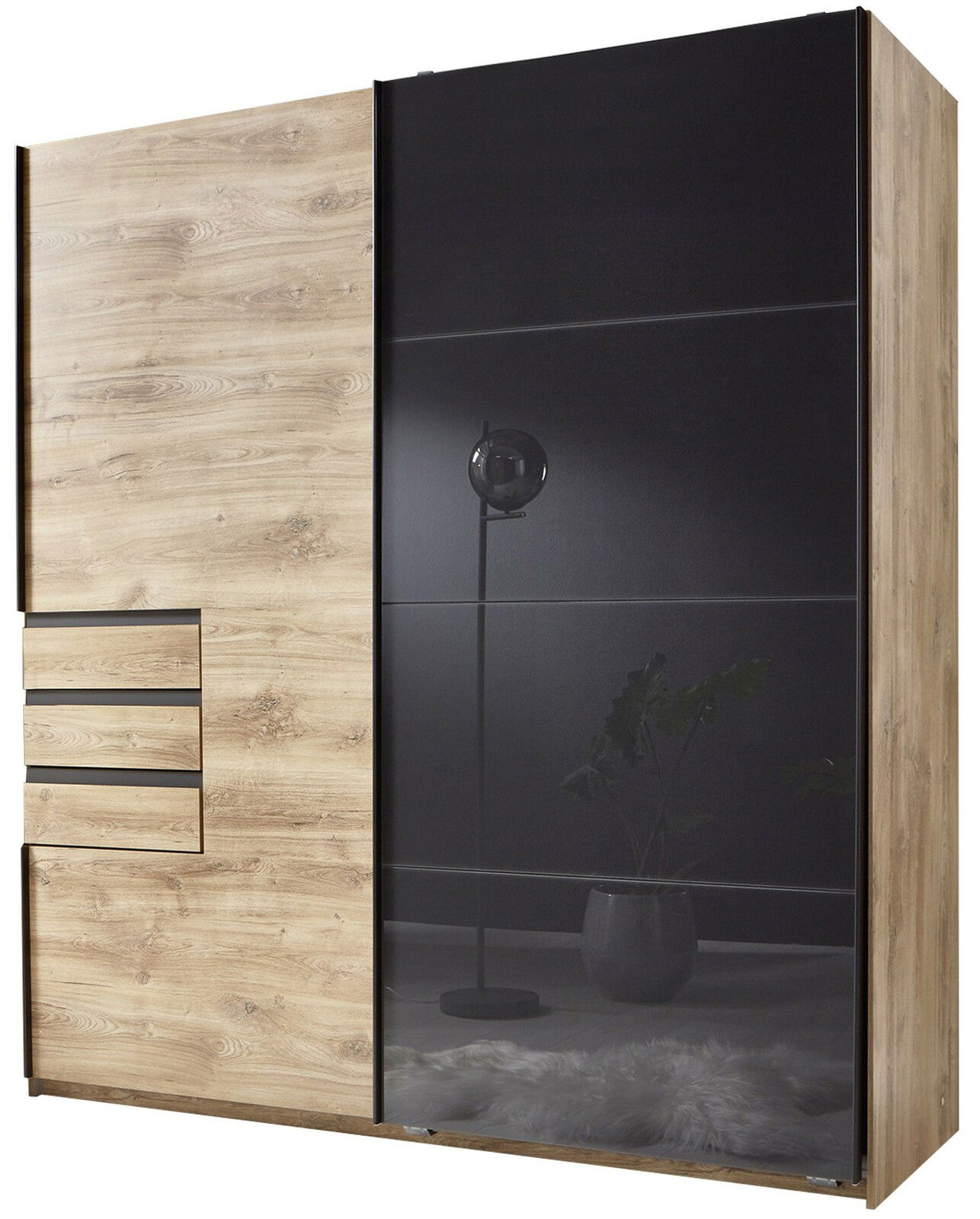 Schwebetürenschrank 2-türig OLDENBURG in Holzoptik mit schwarzer Glastür, Frontansicht