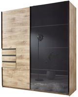 Schwebetürenschrank 2-türig OLDENBURG in Holzoptik mit schwarzer Glastür, Frontansicht