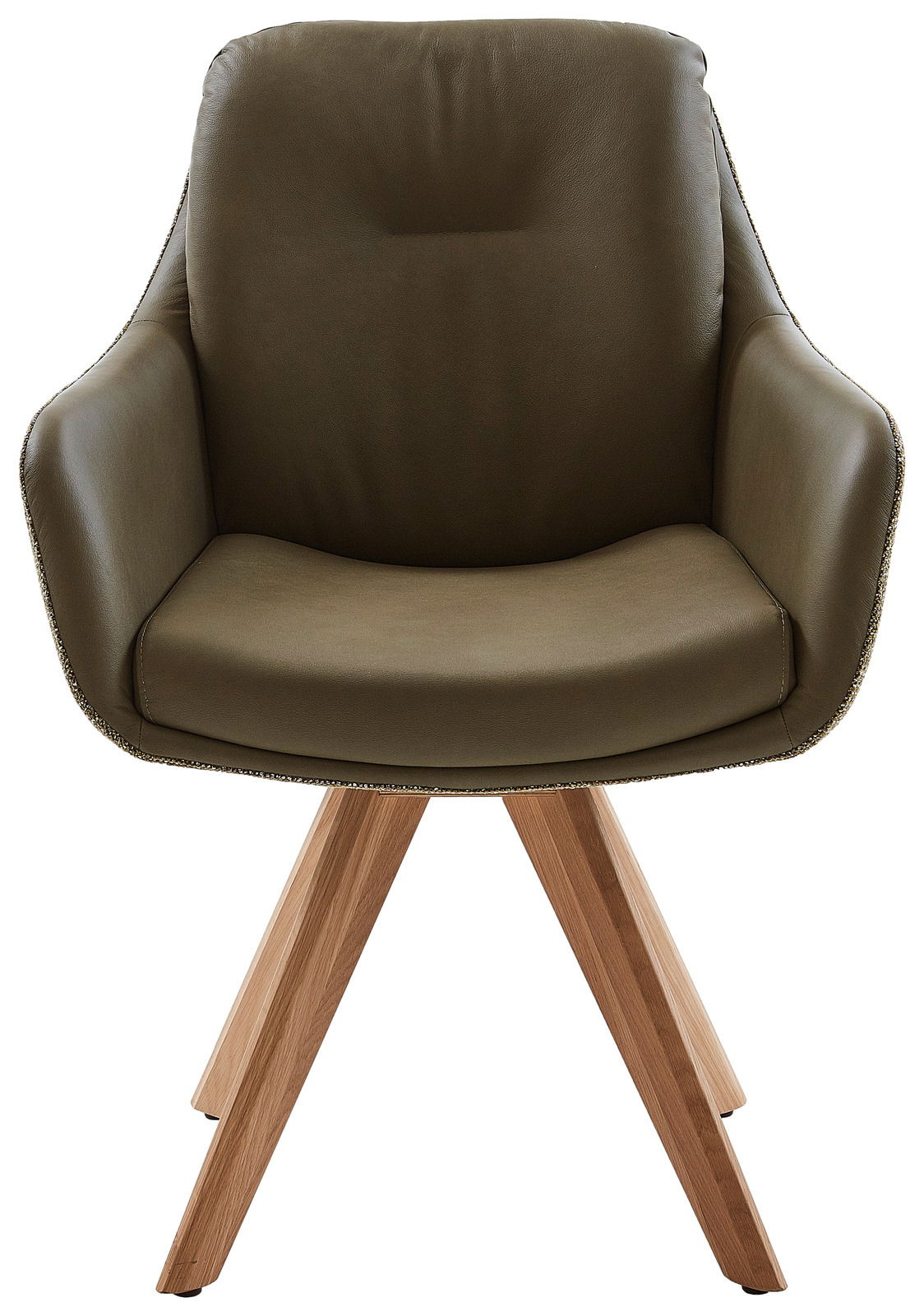 Moderner Armlehnstuhl mit olivgrünem Polster und Holzbeinen, Frontalansicht