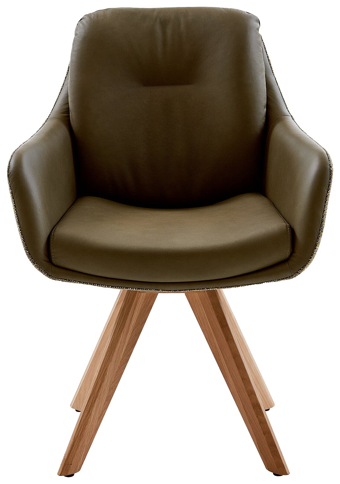 Moderner Armlehnstuhl mit olivgrünem Polster und Holzbeinen, Frontalansicht