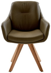 Moderner Armlehnstuhl mit olivgrünem Polster und Holzbeinen, Frontalansicht