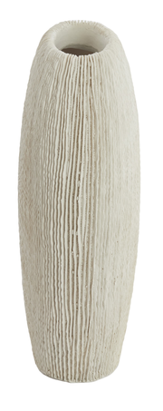 Hohe, zylindrische Deko-Vase aus Keramik in Cremeweiß mit vertikaler Rillenstruktur und schmaler Öffnung, freigestellt auf weißem Hintergrund, Frontansicht leicht von oben.
