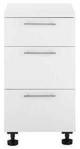 Weißer Unterschrank mit drei Schubladen und silbernen Griffen, frontale Ansicht