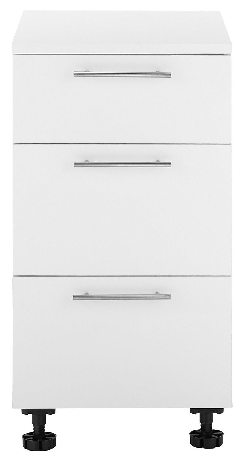 Weißer Unterschrank mit drei Schubladen und silbernen Griffen, frontale Ansicht
