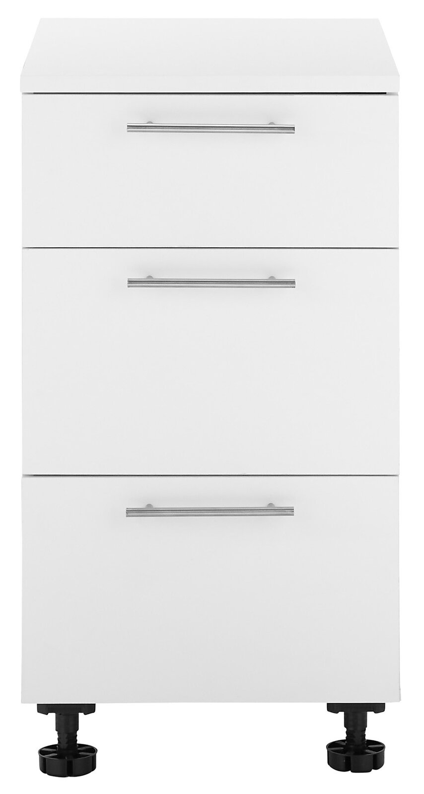 Weißer Unterschrank mit drei Schubladen und silbernen Griffen, frontale Ansicht
