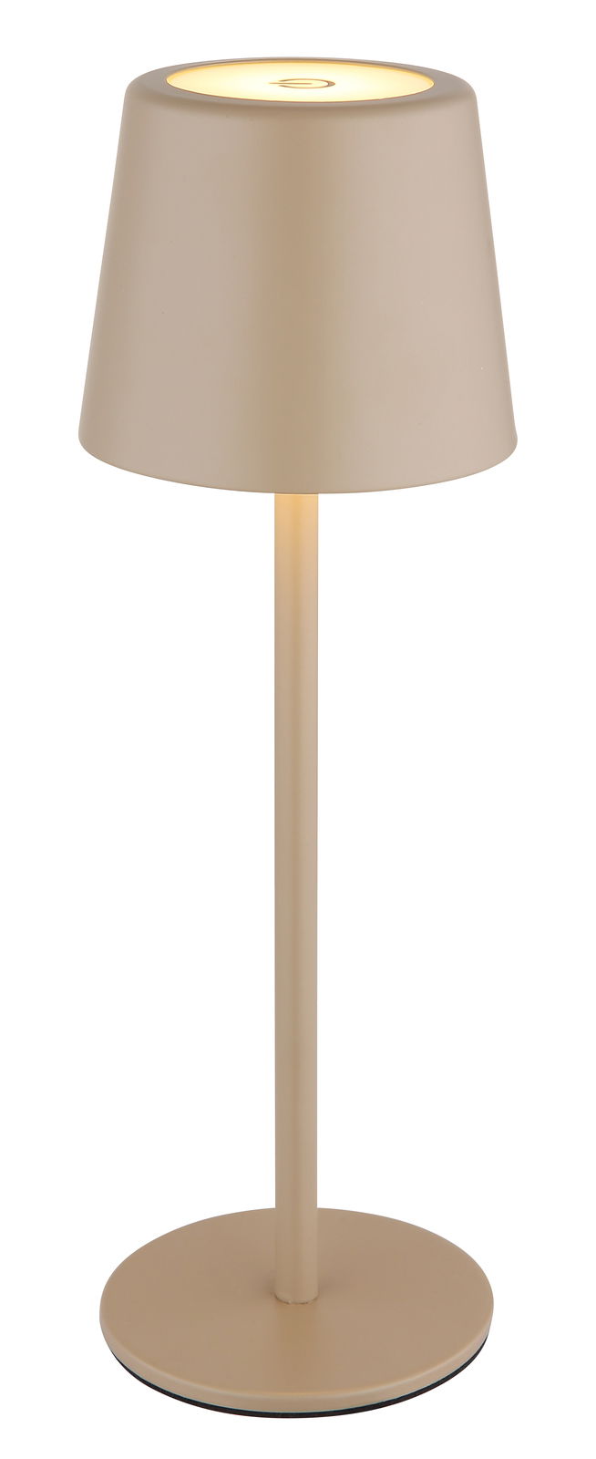 Moderne Tischleuchte in Beige, frontal abgebildet, mit schlichtem Design und rundem Lampenschirm.