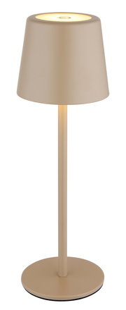 Moderne Tischleuchte in Beige, frontal abgebildet, mit schlichtem Design und rundem Lampenschirm.