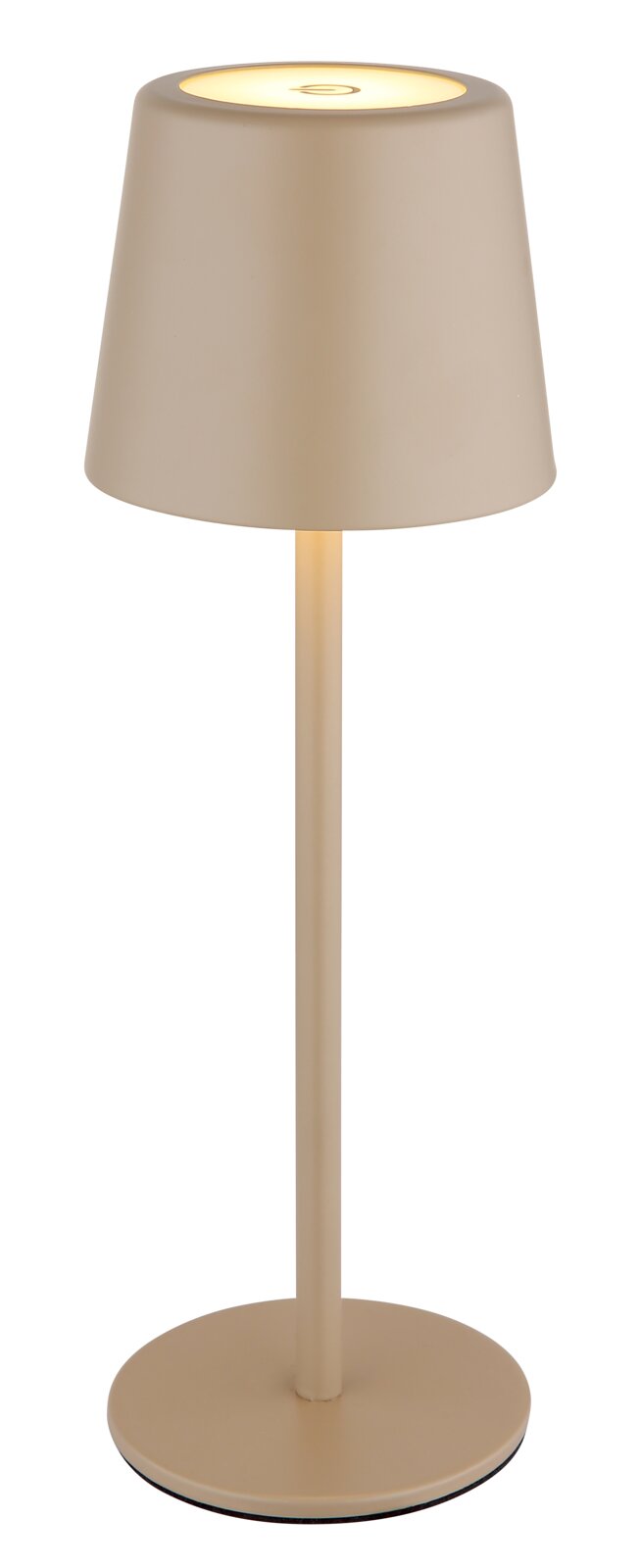 Moderne Tischleuchte in Beige, frontal abgebildet, mit schlichtem Design und rundem Lampenschirm.