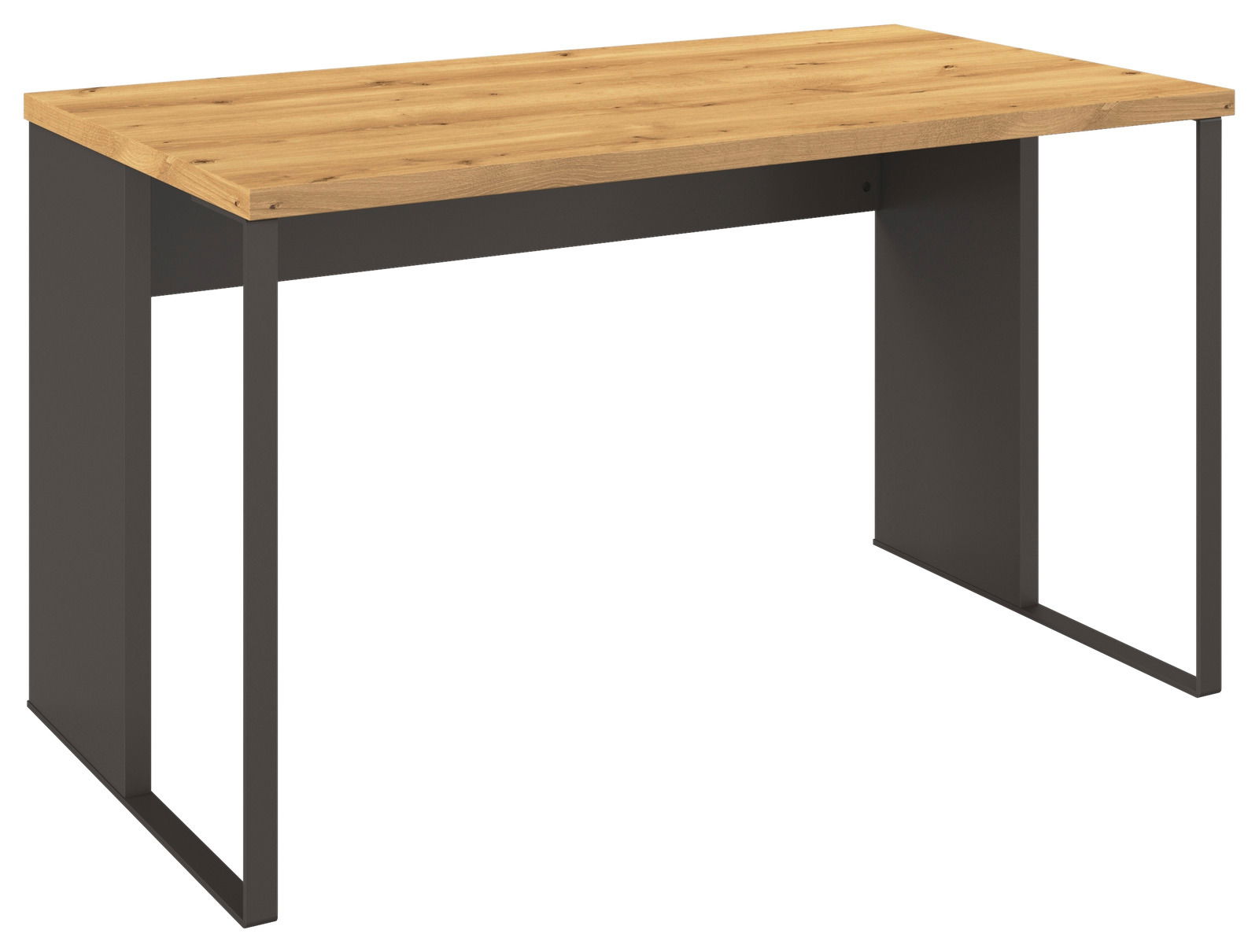 Moderner Schreibtisch mit Holzplatte und Metallbeinen, seitliche Perspektive