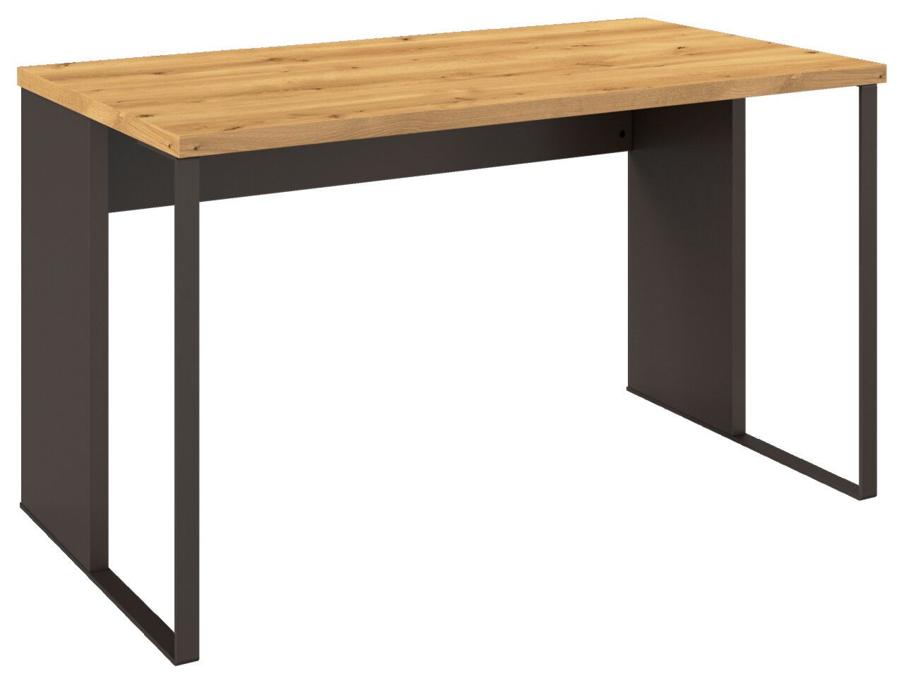 Moderner Schreibtisch mit Holzplatte und Metallbeinen, seitliche Perspektive