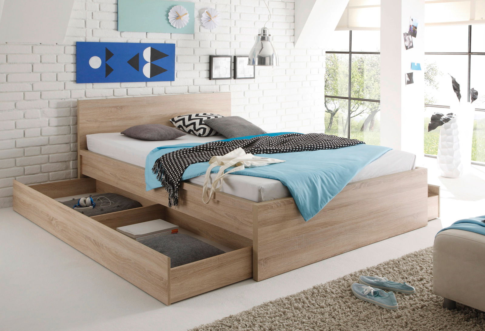 Z2 Bettschubkasten MALMÖ Holzbett mit Kopfteil und ausziehbarem Bettschubkasten, seitliche Perspektive