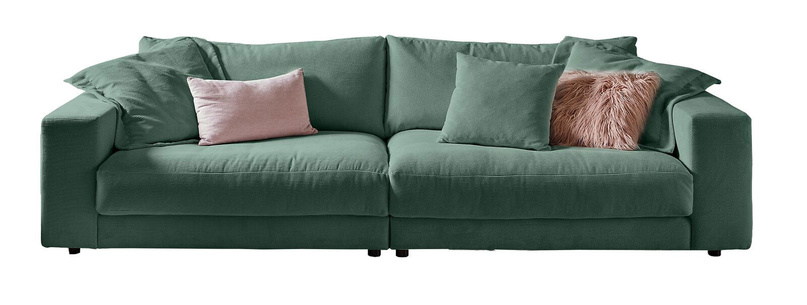 Lounge Handmade Big Sofa LH-SAMBIA Großes grünes Sofa mit mehreren Kissen, frontal betrachtet